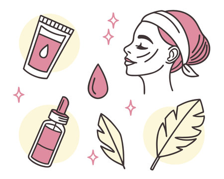 Set of icons for skin care. Vector illustration in doodle style.のイラスト素材