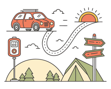 Traveling by car. Road trip. Vector illustration in thin line style.のイラスト素材