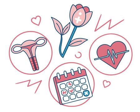 Set of medical icons. Vector illustration in linear style. Heartbeat, stethoscope, rose, calendar, calculator, heart.のイラスト素材