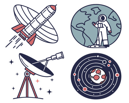 Astronomy icons set. Astronaut, telescope, satellite, planet. Vector illustrationのイラスト素材