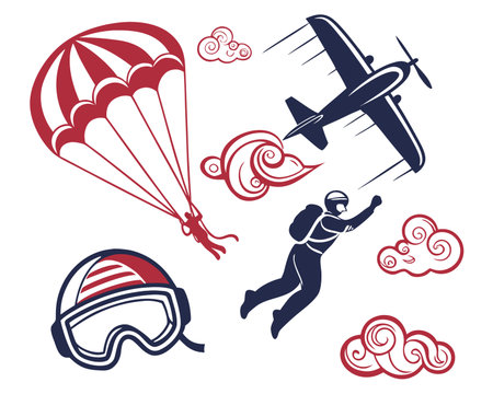 Set of vector illustrations with skydivers, parachutes and cloudsのイラスト素材