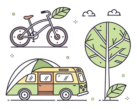 Vector illustration in flat linear style. Camping, bike, tree and forest.のイラスト素材