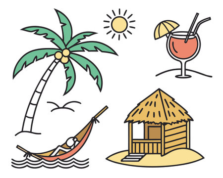 Set of icons of beach, bungalows, palm trees and cocktailsのイラスト素材