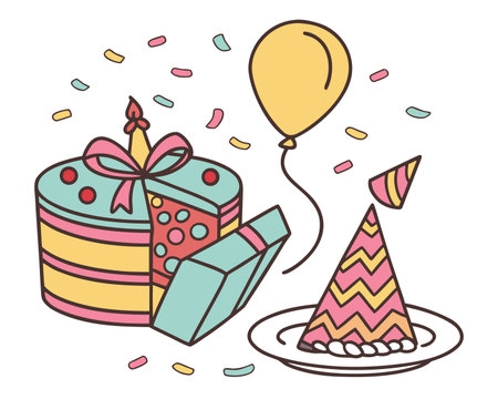 birthday cake with gift box and balloon icon cartoon vector illustration graphic designのイラスト素材