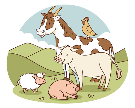 Farm animals in cartoon style. Vector illustration with cow, sheep, pig and chicken.のイラスト素材
