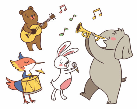 Animals playing musical instruments. Vector illustration of cute cartoon animals.のイラスト素材