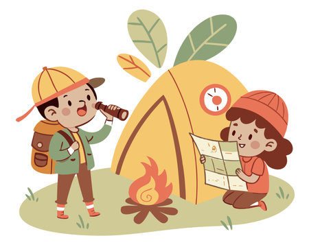Camping kids. Vector illustration in cartoon style. Boy and girl sitting near campfire with mapのイラスト素材
