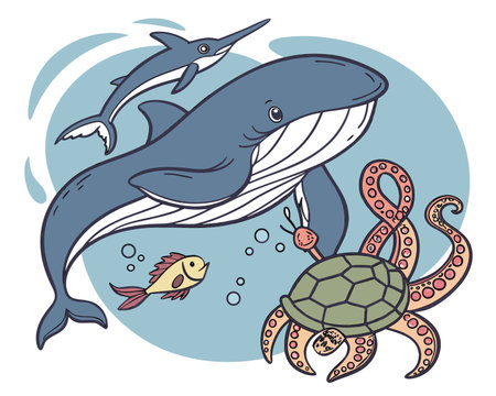 Vector illustration of a whalepus, fish and turtle.のイラスト素材