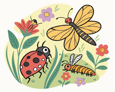 Vector illustration of a ladybug, caterpillar, butterfly and flowersのイラスト素材