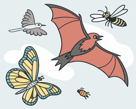 Set of flying insects, vector illustration in doodle style.のイラスト素材
