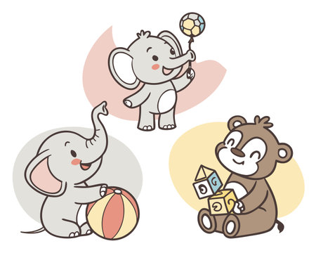 Cute cartoon elephant and elephant with different toys. Vector illustration.のイラスト素材