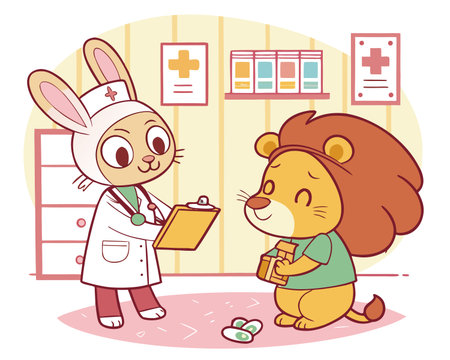 Illustration of a cute lion and a rabbit in a veterinary clinicのイラスト素材