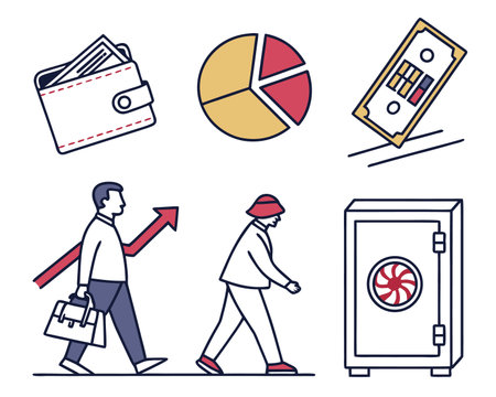 Vector illustration of business people with wallet and safe. Flat line style design.のイラスト素材