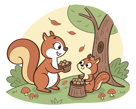 Squirrel and squirrel in the forest. Cute cartoon vector illustration.のイラスト素材