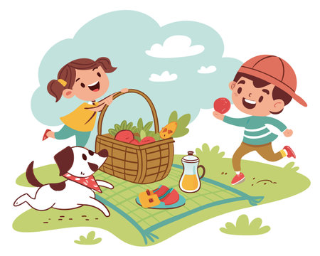 Children playing with a dog in the garden. Vector illustration in cartoon styleのイラスト素材