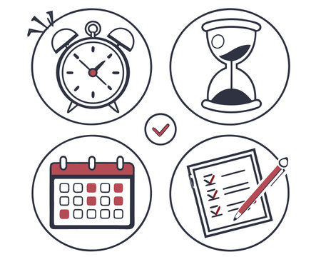 Time management icon set. Vector illustration of clock, calendar, clipboard and hourglass.のイラスト素材