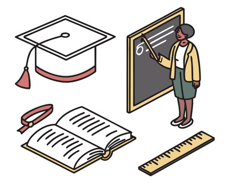 Vector illustration of education icons set. Graduation cap and blackboard.のイラスト素材