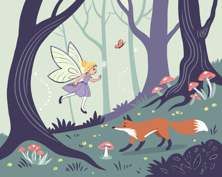 Fairy tale fairy in the forest with fox. Vector illustration.のイラスト素材