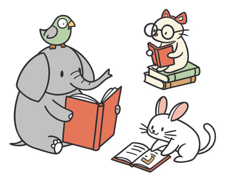Vector illustration of an elephant reading a book with a bird and a mouseのイラスト素材