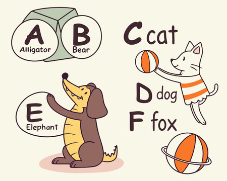 Vector illustration of alphabet with cute cartoon dog. Letter A, B, Cのイラスト素材