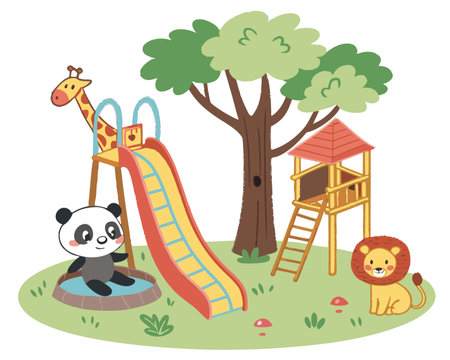 Vector illustration of a cute cartoon panda on a slide in the parkのイラスト素材