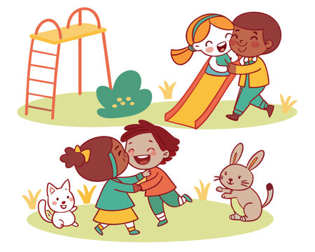 Vector Illustration Of Kids Playing With Their Pet In The Playgroundのイラスト素材