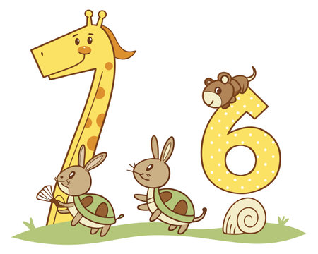 Illustration of Cute Cartoon Animal Characters with Number Six and Giraffeのイラスト素材