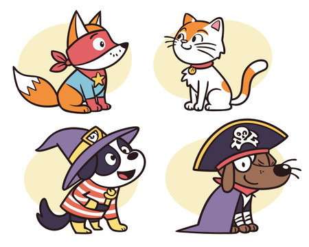 Cute cartoon dogs and cats in pirate costume. Vector illustration.のイラスト素材