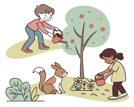 Children watering flowers in the garden. Vector illustration in cartoon style.のイラスト素材