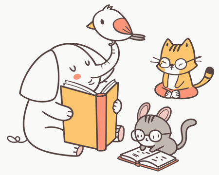 Cute cat, dog, cat and bird reading a book.のイラスト素材