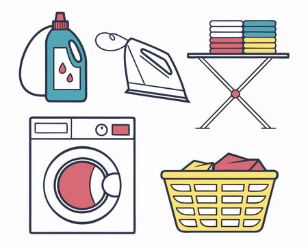 Laundry flat line icons. Washing machine, ironing board, washing powder, laundry detergent, bleach. Vector illustrationのイラスト素材