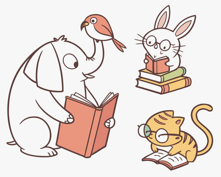 Cute cartoon animals reading books. Vector illustration for your design.のイラスト素材