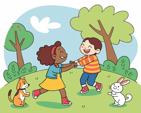 Children playing with dog and rabbit in the park. Vector illustration.のイラスト素材