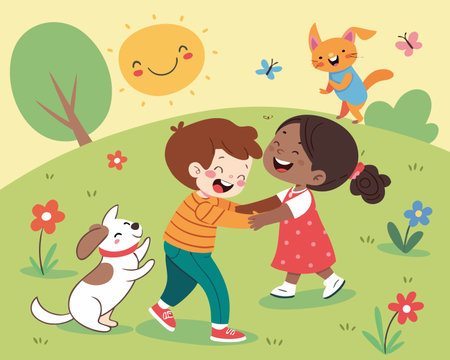 Children playing with their pets in the park. Vector illustration in cartoon style.のイラスト素材