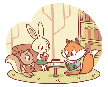 Illustration of a Cute Squirrel Reading a Book to a Rabbitのイラスト素材