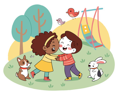 boy and girl playing in the park with their dog, vector illustrationのイラスト素材