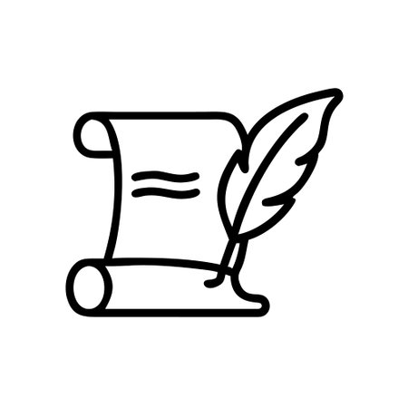 Feather and scroll icon, outline vector illustration, linear symbol.のイラスト素材