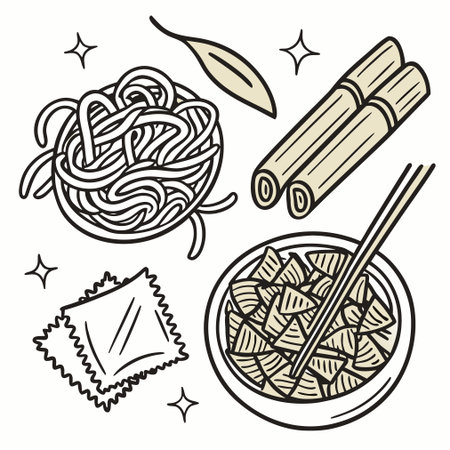 Soba noodle hand drawn doodle set. Vector illustrationのイラスト素材