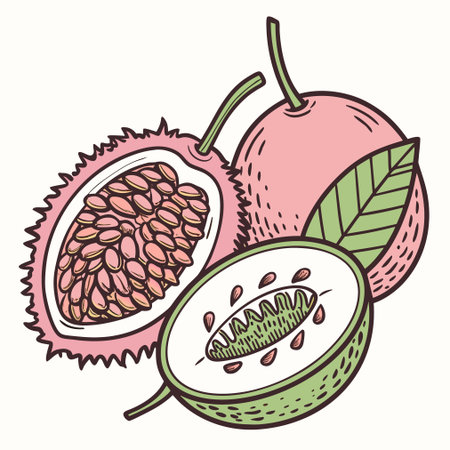 Half and whole lychee fruits with leaves. Vector illustration.のイラスト素材