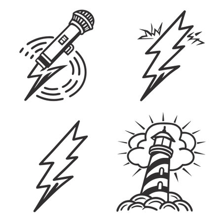Microphone, lighthouse and lightning icons set. Hand drawn vector illustration.のイラスト素材