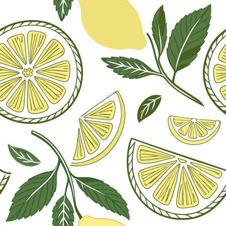 Seamless pattern with lemons and mint. Vector illustration.のイラスト素材