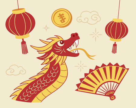 Chinese New Year. Vector illustration of a Chinese dragon and lanterns.のイラスト素材