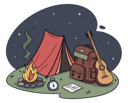 Camping at night. Vector illustration of a camping tent, a guitar, a campfire and a map.のイラスト素材