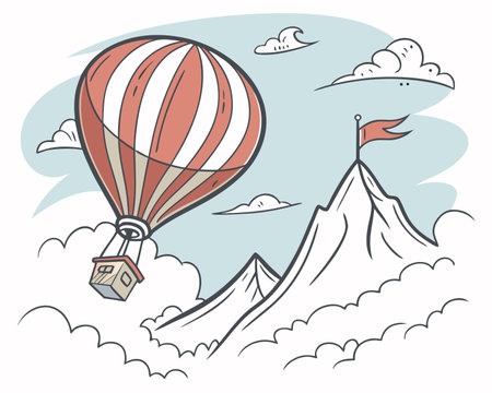 Hot air balloon flying over the mountains. Vector hand drawn illustration.のイラスト素材