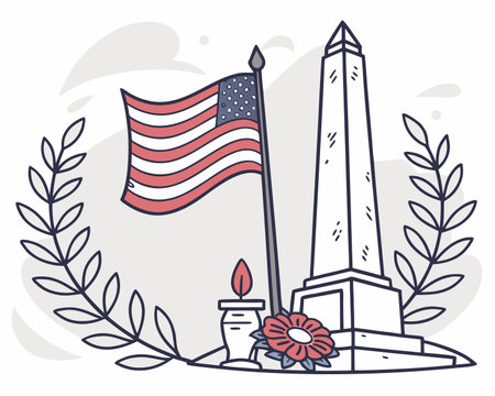 Vector illustration of American flag and obelisk with flowers on white background.のイラスト素材