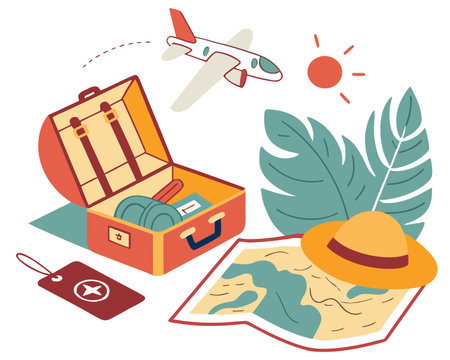 Travel and tourism concept. Vector illustration of a suitcase, hat, map and airplane.のイラスト素材