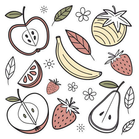 Fruit doodle set. Hand drawn fruits. Vector illustration.のイラスト素材