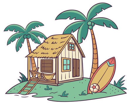beach hut with surfboard and palm tree vector illustration graphic designのイラスト素材