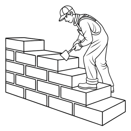 Vector illustration of a bricklayer building a wall using a trowelのイラスト素材