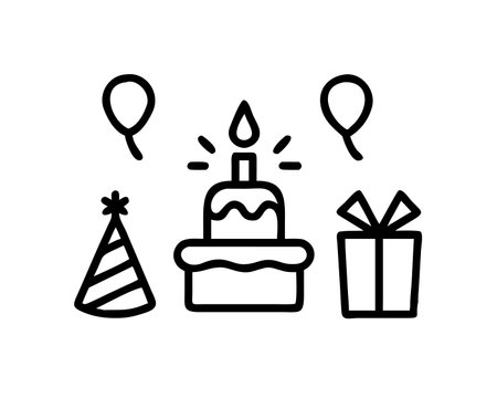 Birthday cake and balloons line icon, concept illustration, outline symbol, vector sign, linear symbol.のイラスト素材
